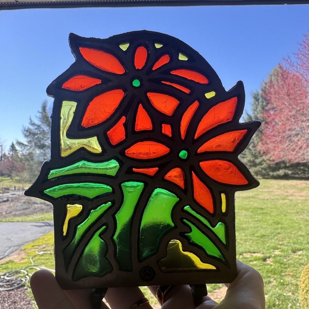 Vintage Tiffany Style Poinsettia Stained Glass Cast Iron Candle Votive Holder